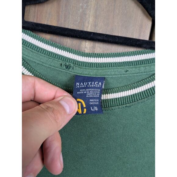 Nautica Jeans Vintage Y2K Embroidered Script Ringer Distressed T-shirt Large - Picture 6 of 9